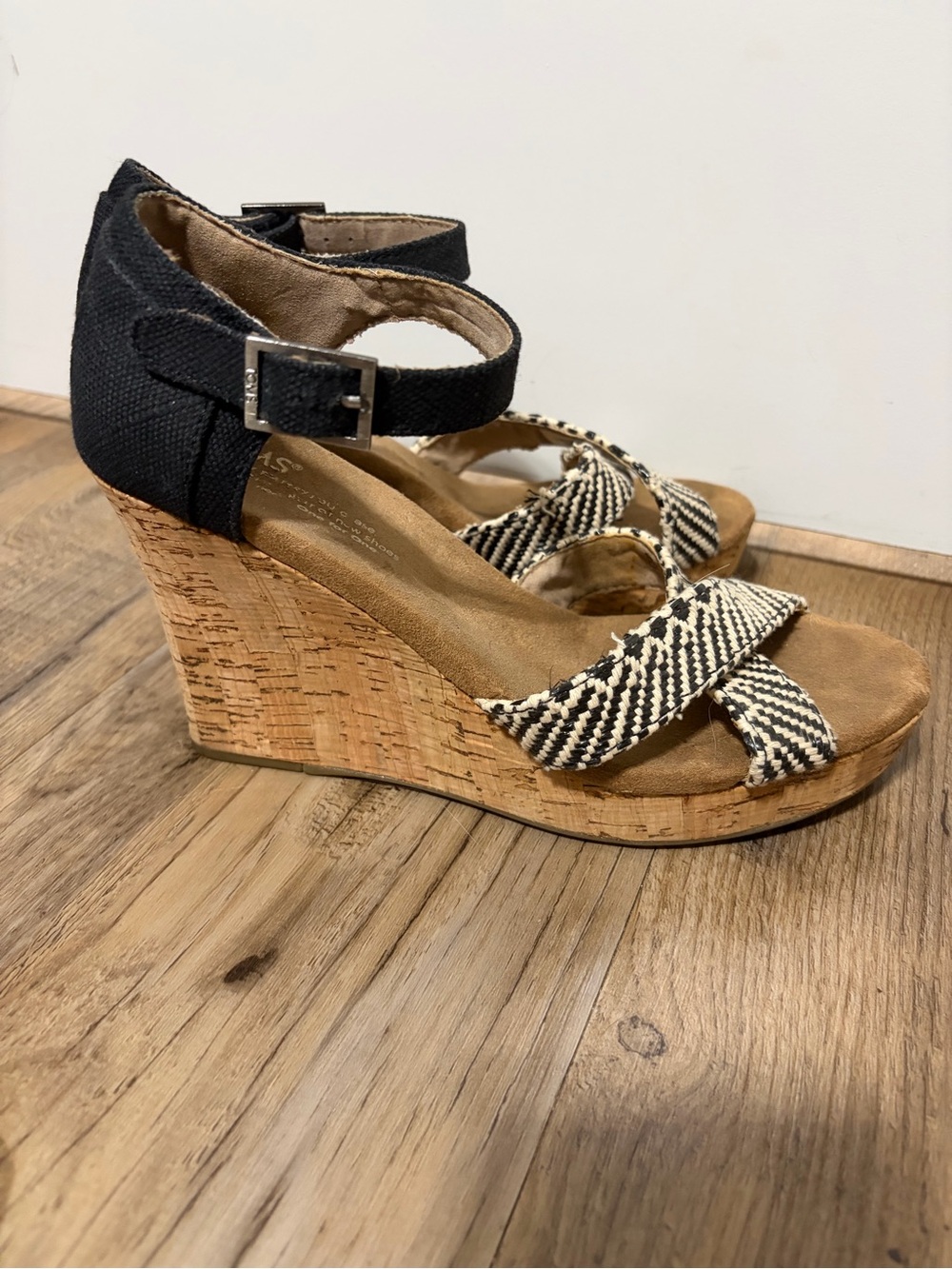 Toms Black and Natural Cork Wedge Espadrille Sandals